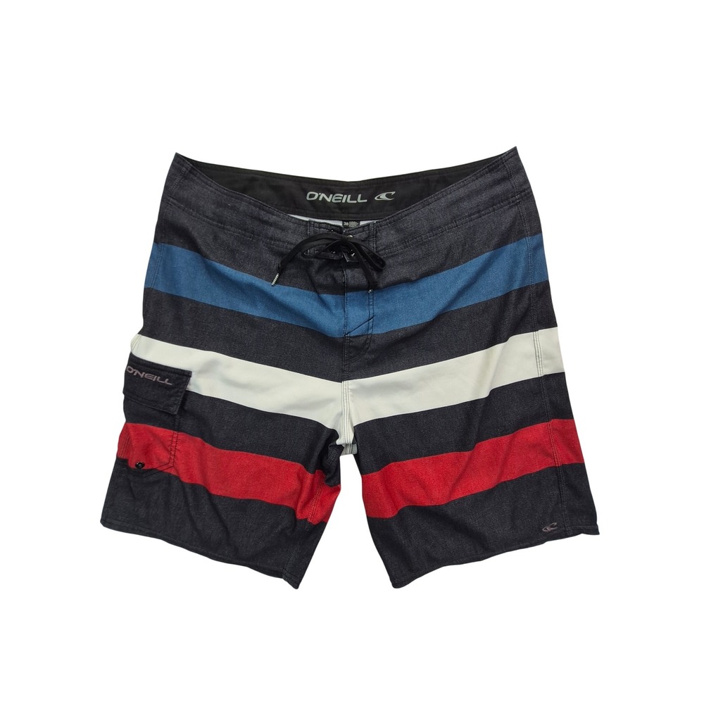 O'Neill Hyperfreak Men's Board Shorts Size 38 Black Blue Red Striped